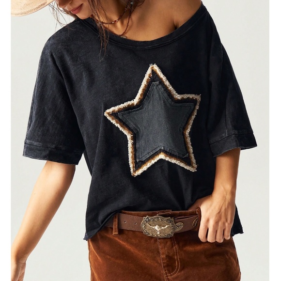 Boho Star Patch Round Neck Short Sleeve Top - Picture 5 of 6